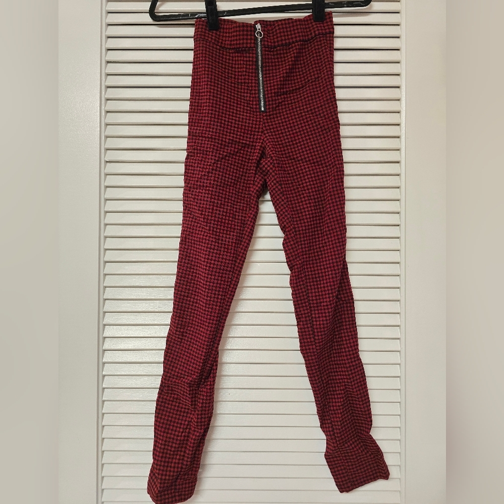 Garage - Red & Black Checkered Pattern Skinny Pants With Silver Zipper